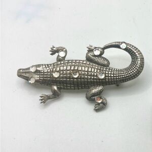 Vintage Alligator Crocodile Brooch Silver Tone Rhinestones